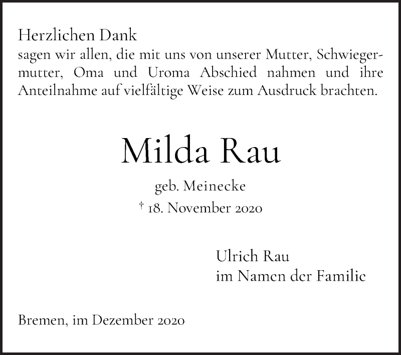 Traueranzeige von Milda Rau von WESER-KURIER