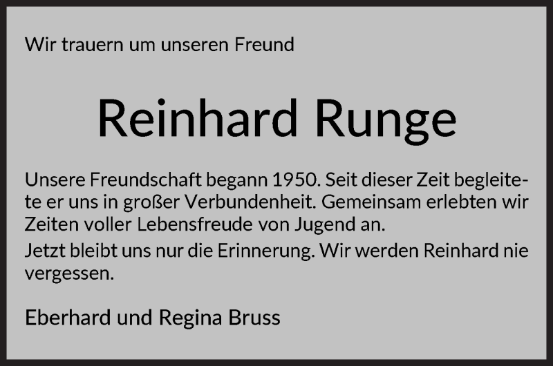 Traueranzeige von Reinhard Runge von WESER-KURIER