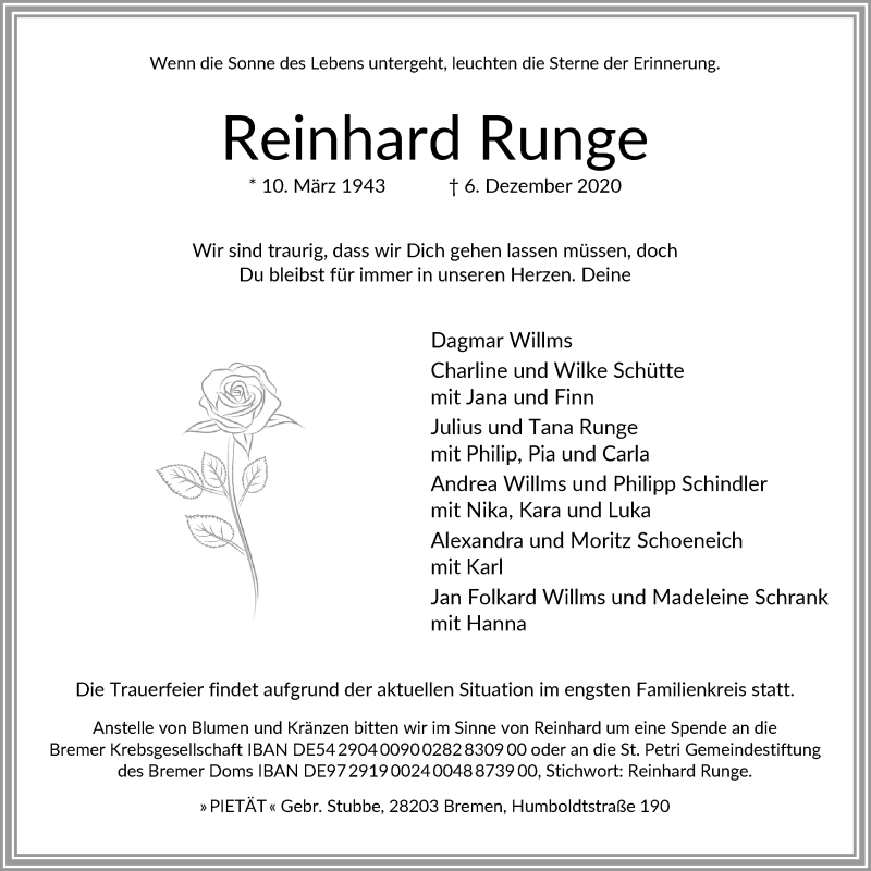 Traueranzeige von Reinhard Runge von WESER-KURIER