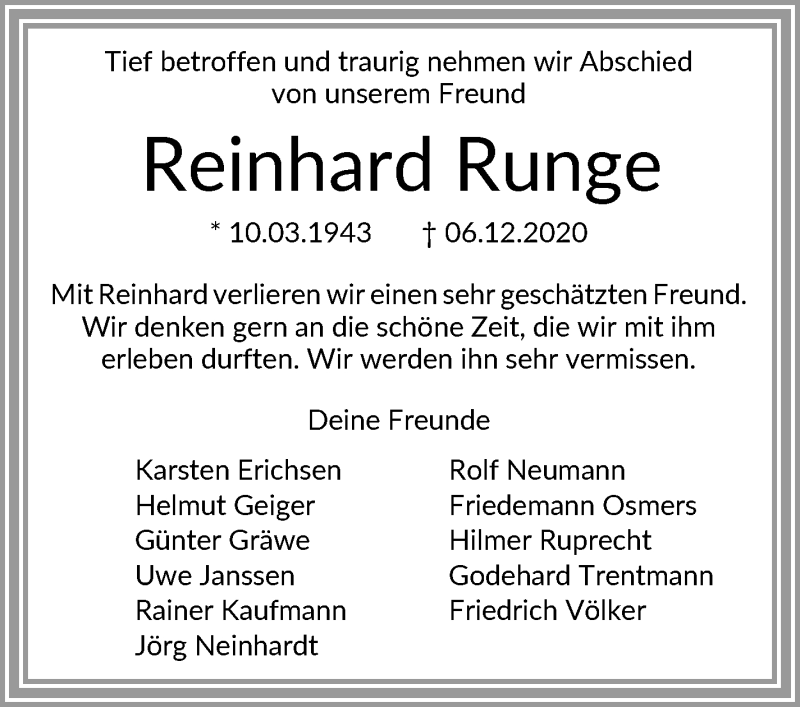 Traueranzeige von Reinhard Runge von WESER-KURIER