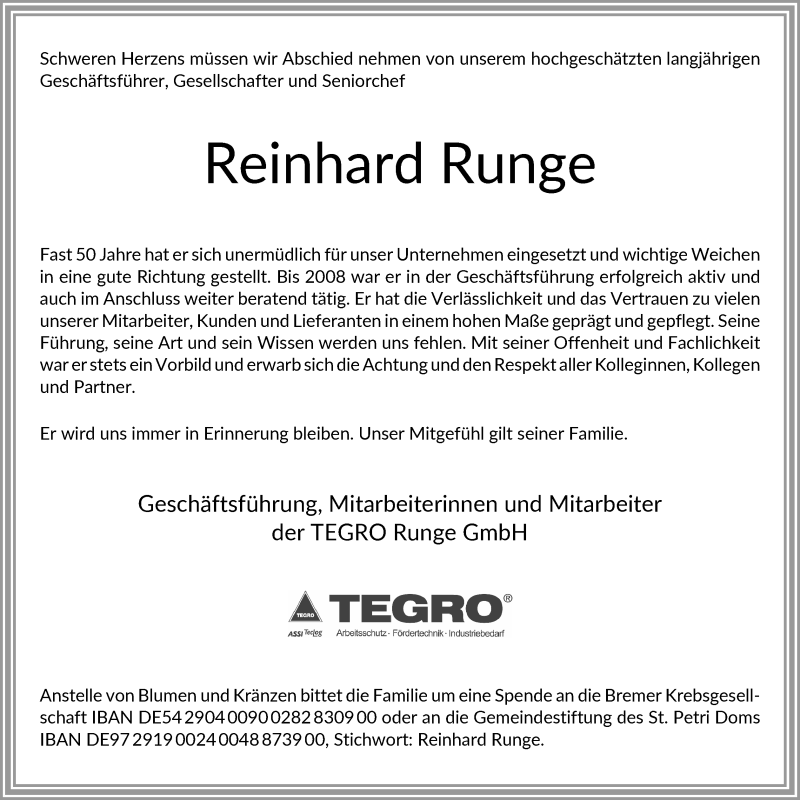 Traueranzeige von Reinhard Runge von WESER-KURIER