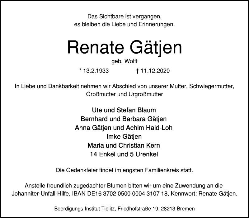 Traueranzeige von Renate Gätjen von WESER-KURIER