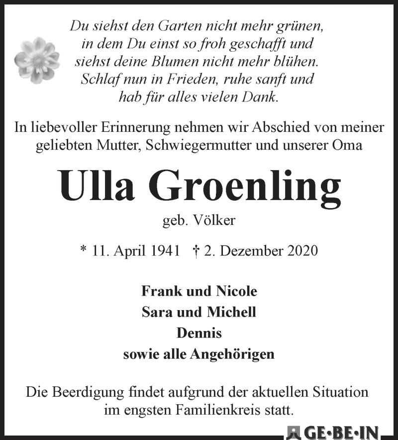 Traueranzeige von Ulla Groenling von WESER-KURIER