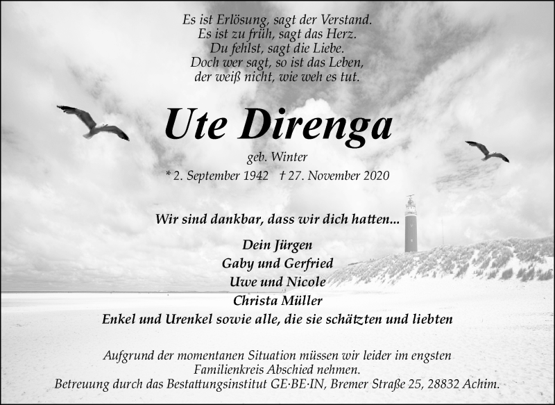 Traueranzeige von Ute Direnga von Achimer Kurier/Verdener Nachrichten