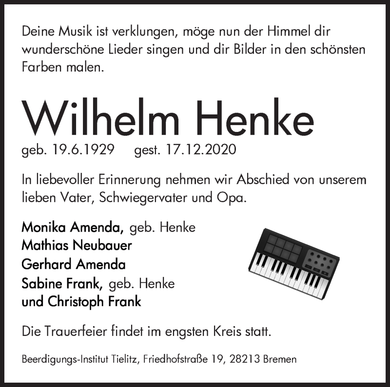Traueranzeige von Wilhelm Henke von WESER-KURIER