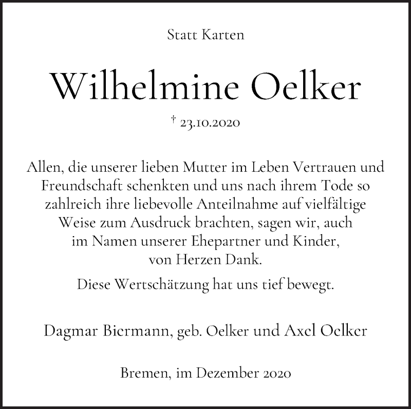 Traueranzeige von Wilhelmine Oelker von WESER-KURIER