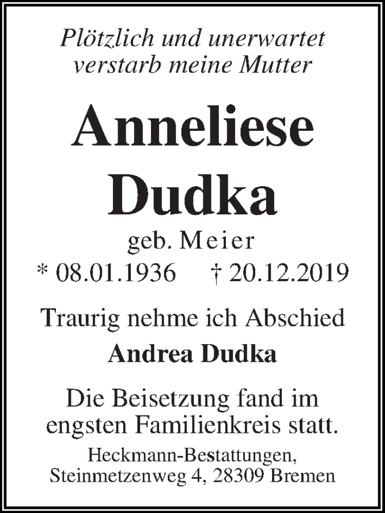 Traueranzeige von Anneliese Dudka von WESER-KURIER