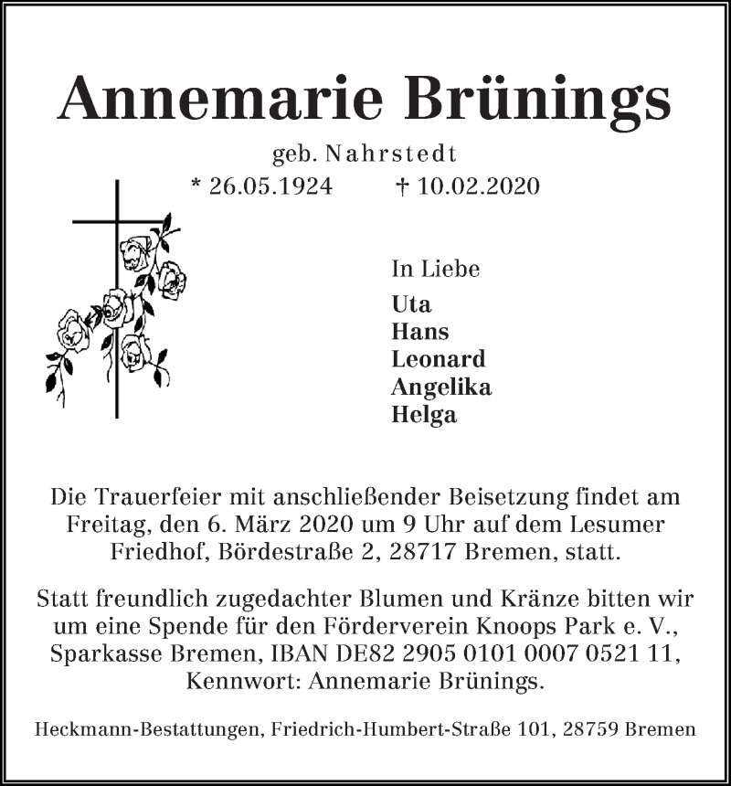 Traueranzeige von Annemarie Brünings von Die Norddeutsche