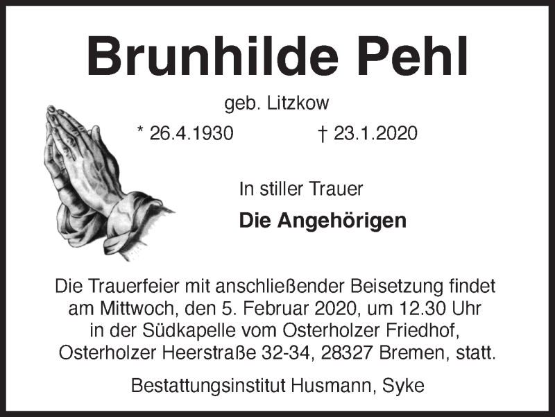 Traueranzeige von Brunhilde Pehl von WESER-KURIER