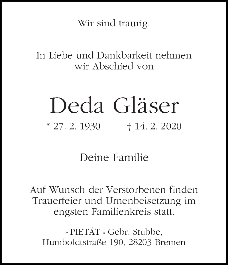 Traueranzeige von Deda Gläser von WESER-KURIER