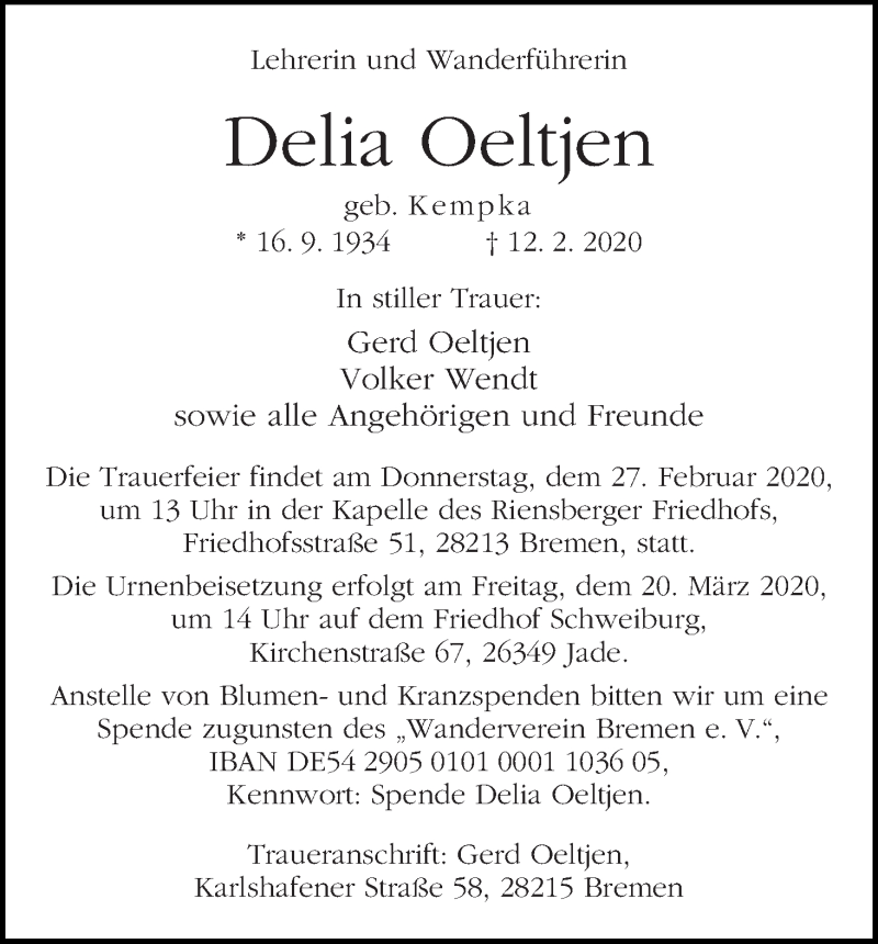 Traueranzeige von Delia Oeltjen von WESER-KURIER
