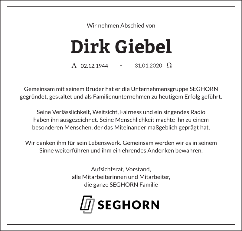 Traueranzeige von Dirk Giebel von WESER-KURIER