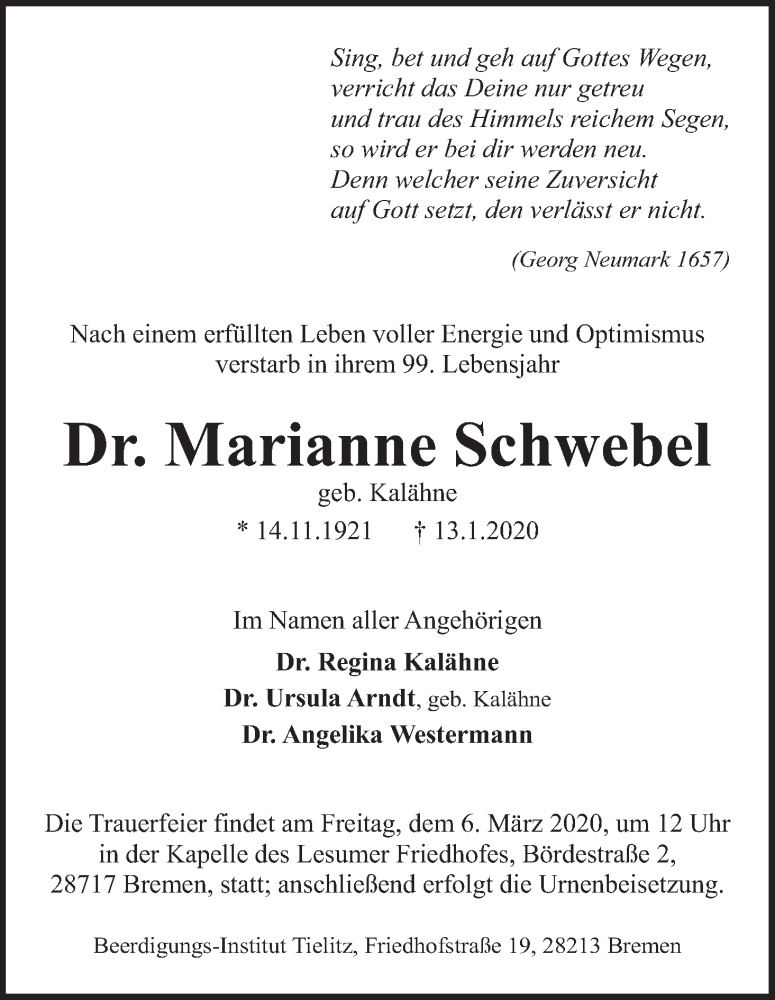 Traueranzeige von Dr. Marianne Schwebel von WESER-KURIER