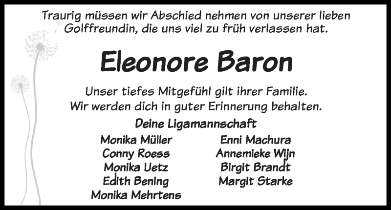 Traueranzeige von Eleonore Baron von WESER-KURIER