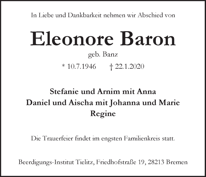 Traueranzeige von Eleonore Baron von WESER-KURIER