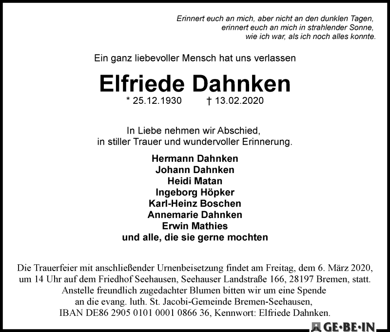 Traueranzeige von Elfriede Dahnken von WESER-KURIER