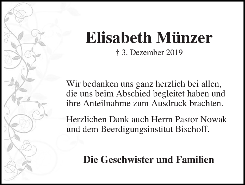 Traueranzeige von Elisabeth Münzer von Die Norddeutsche