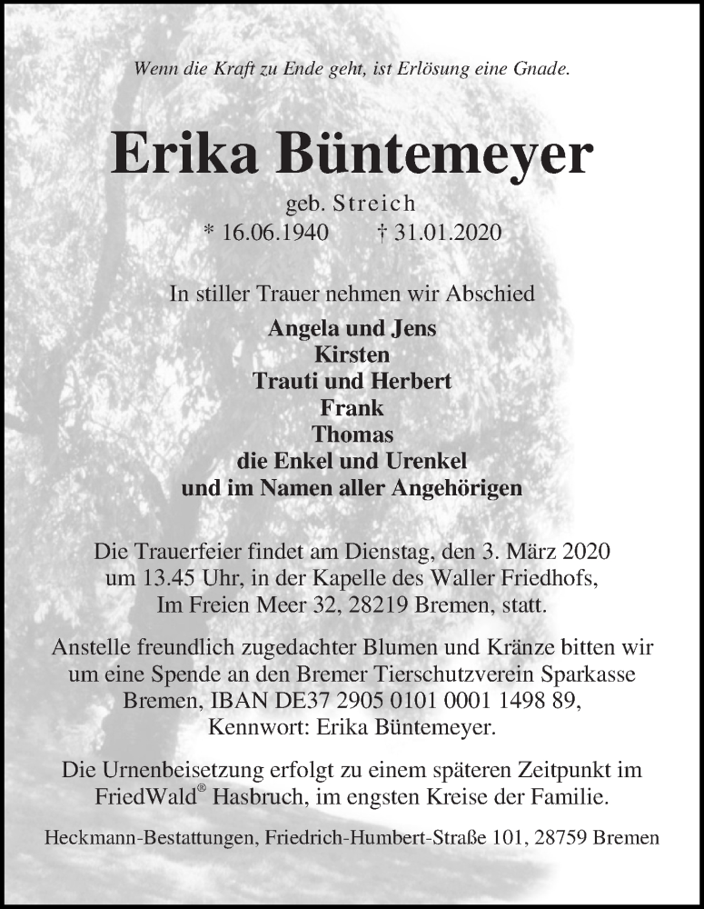 Traueranzeige von Erika Büntemeyer von WESER-KURIER