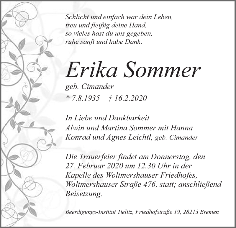 Traueranzeige von Erika Sommer von WESER-KURIER