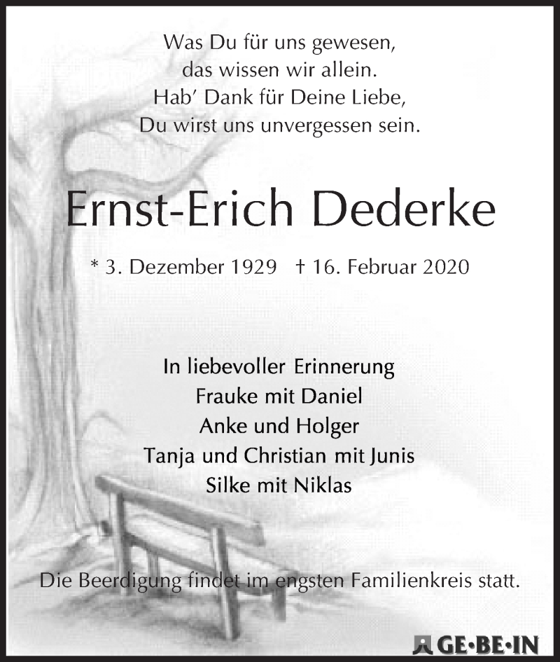 Traueranzeige von Ernst-Erich Dederke von WESER-KURIER