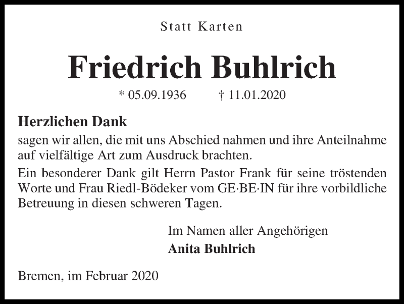 Traueranzeige von Friedrich Buhlrich von WESER-KURIER