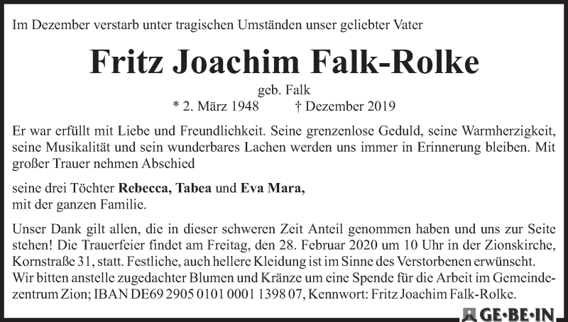 Traueranzeige von Fritz Joachim Falk-Rolke von WESER-KURIER