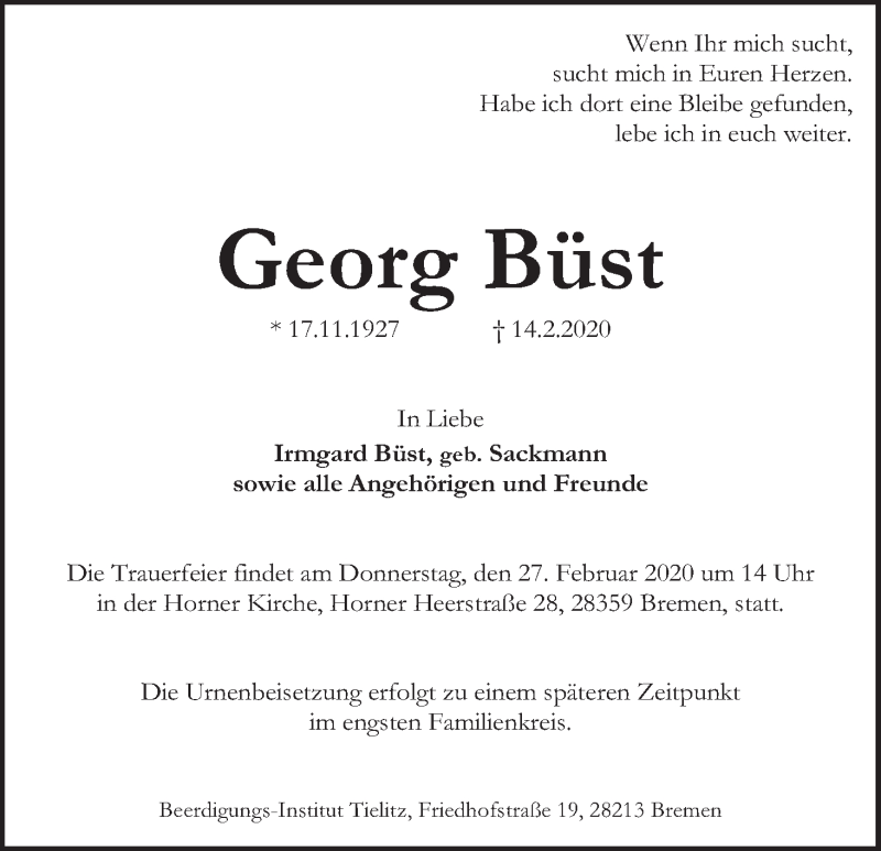 Traueranzeige von Georg Büst von WESER-KURIER