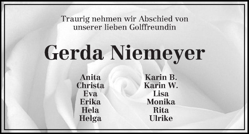 Traueranzeige von Gerda Niemeyer von WESER-KURIER