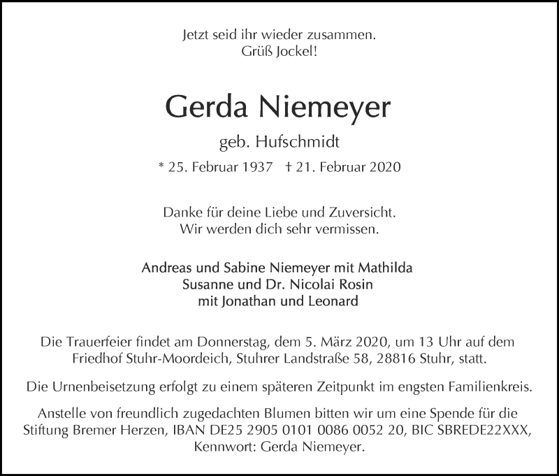 Traueranzeige von Gerda Niemeyer von WESER-KURIER