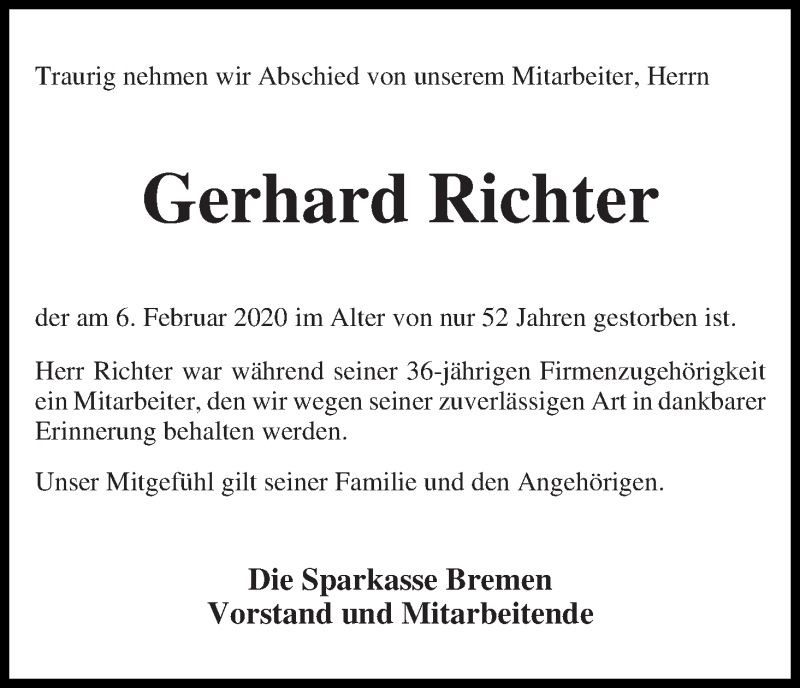 Traueranzeige von Gerhard Richter von WESER-KURIER