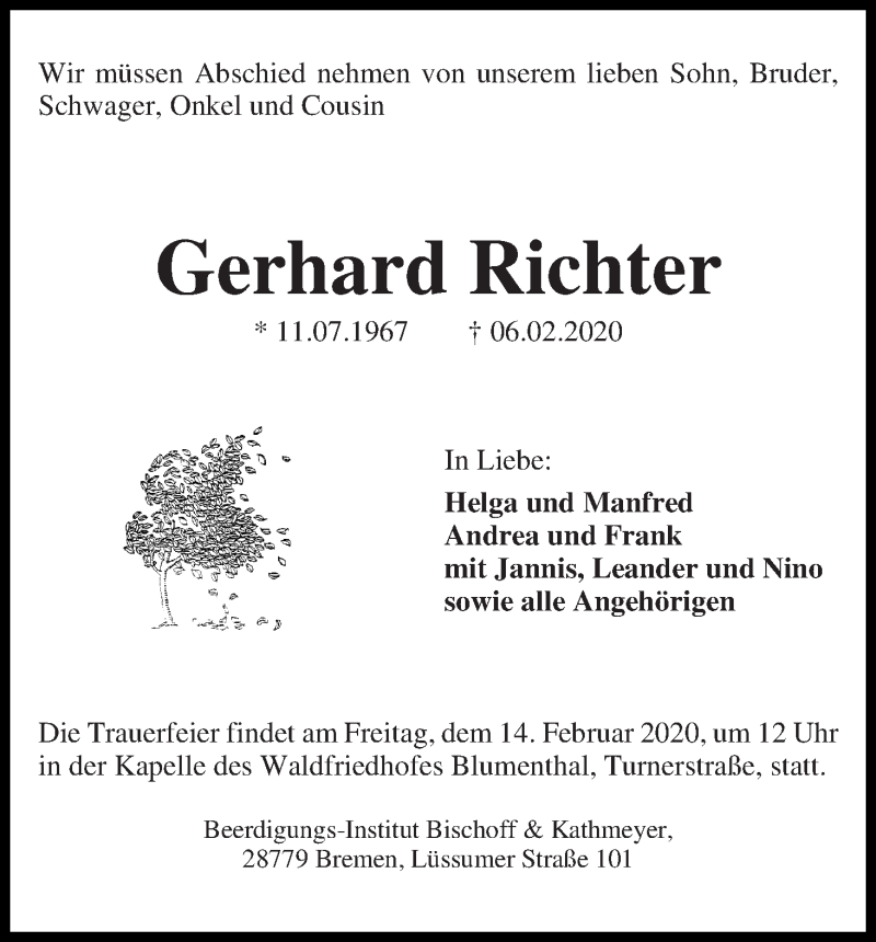 Traueranzeige von Gerhard Richter von Die Norddeutsche