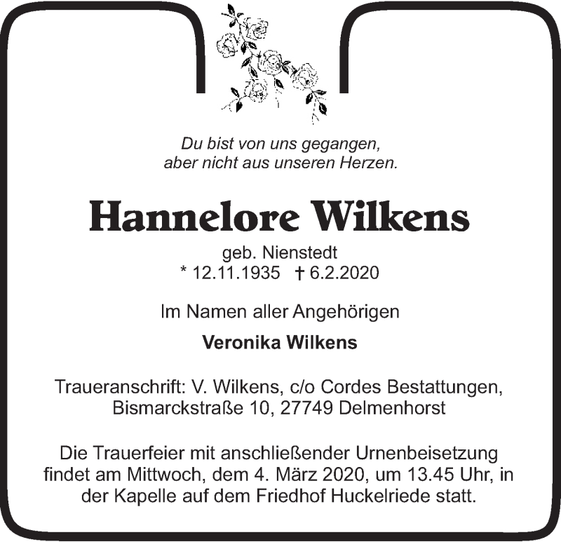 Traueranzeige von Hannelore Wilkens von WESER-KURIER