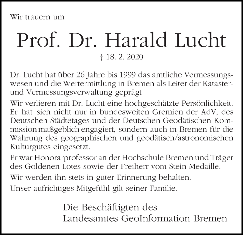 Traueranzeige von Harald Lucht von WESER-KURIER