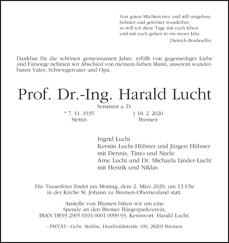 Traueranzeige von Harald Lucht von WESER-KURIER