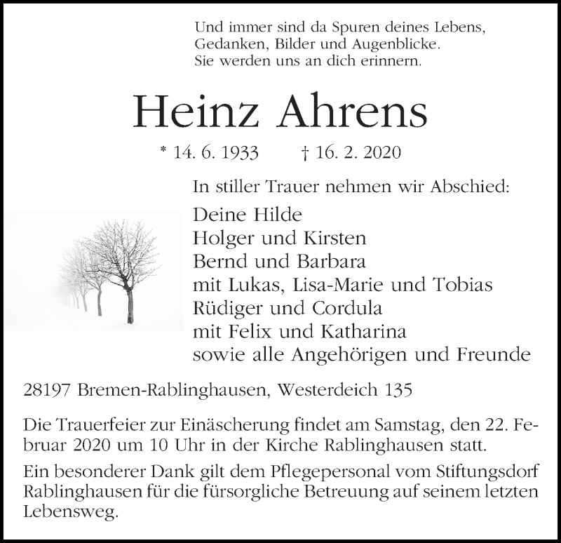 Traueranzeige von Heinz Ahrens von WESER-KURIER