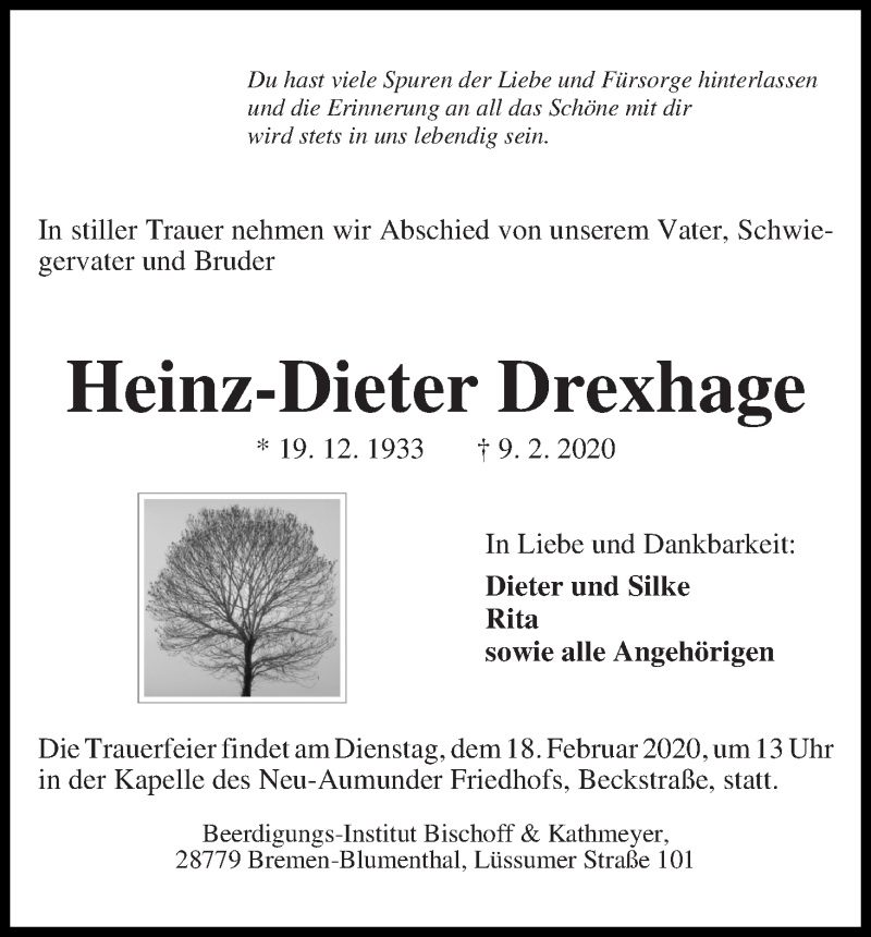 Traueranzeige von Heinz-Dieter Drexhage von Die Norddeutsche