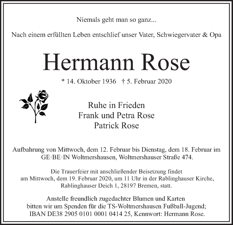 Traueranzeige von Hermann Rose von WESER-KURIER