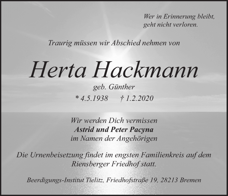 Traueranzeige von Herta Hackmann von WESER-KURIER
