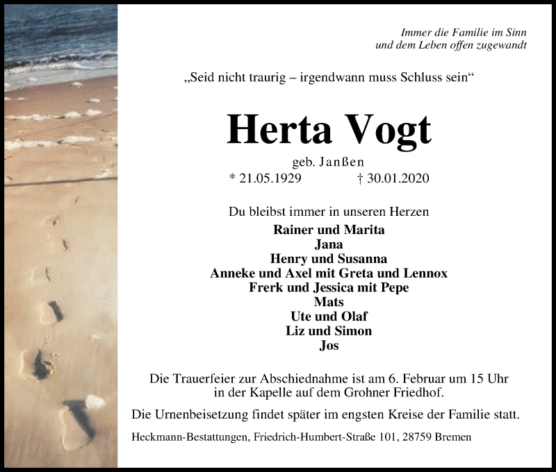 Traueranzeige von Herta Vogt von WESER-KURIER