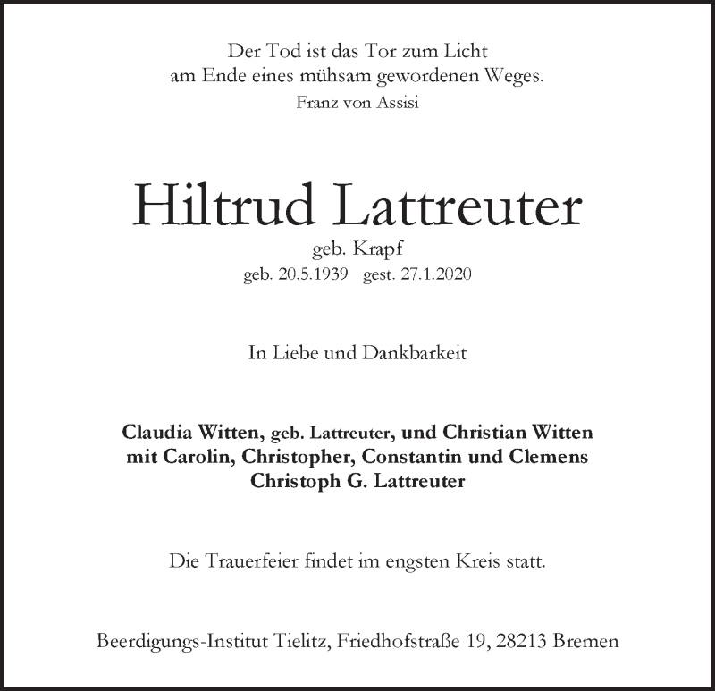 Traueranzeige von Hiltrud Lattreuter von WESER-KURIER