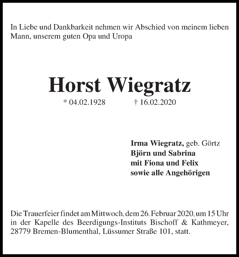 Traueranzeige von Horst Wiegratz von Die Norddeutsche