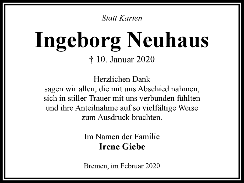 Traueranzeige von Ingeborg Neuhaus von WESER-KURIER