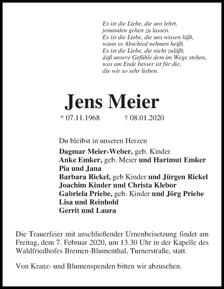 Traueranzeige von Jens Meier von Die Norddeutsche