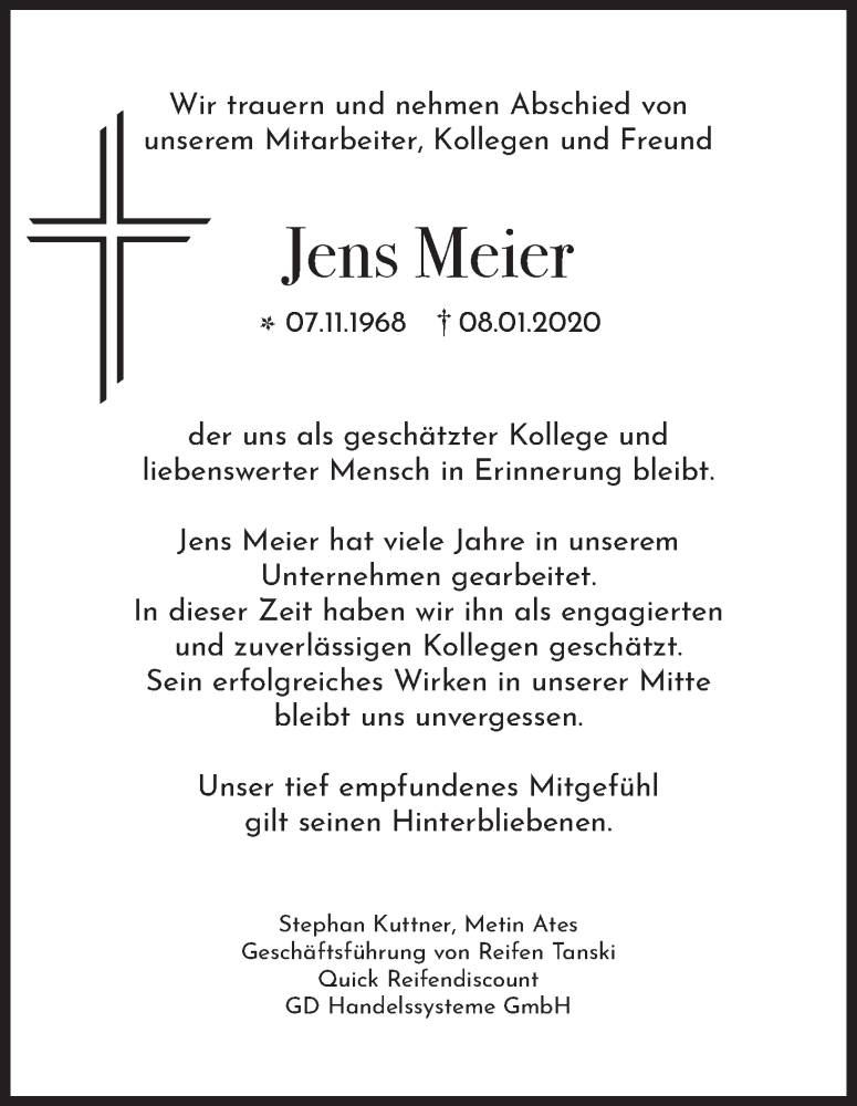 Traueranzeige von Jens Meier von WESER-KURIER