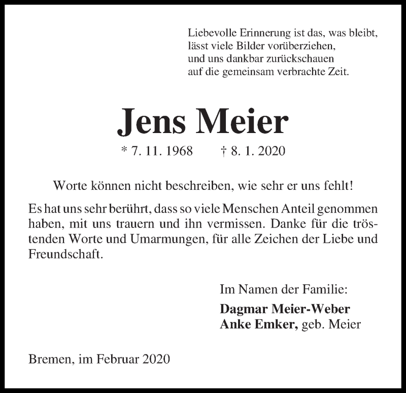 Traueranzeige von Jens Meier von WESER-KURIER