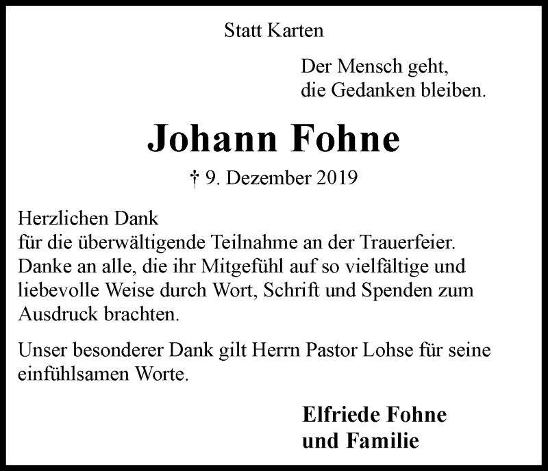 Traueranzeige von Johann Fohne von WESER-KURIER