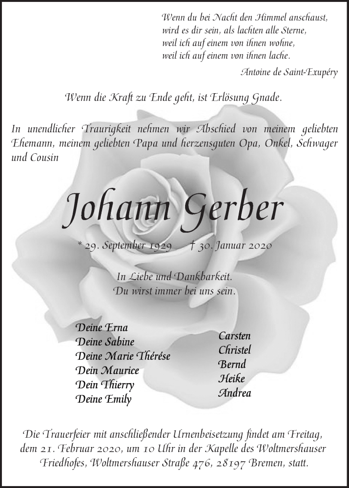 Traueranzeige von Johann Gerber von WESER-KURIER