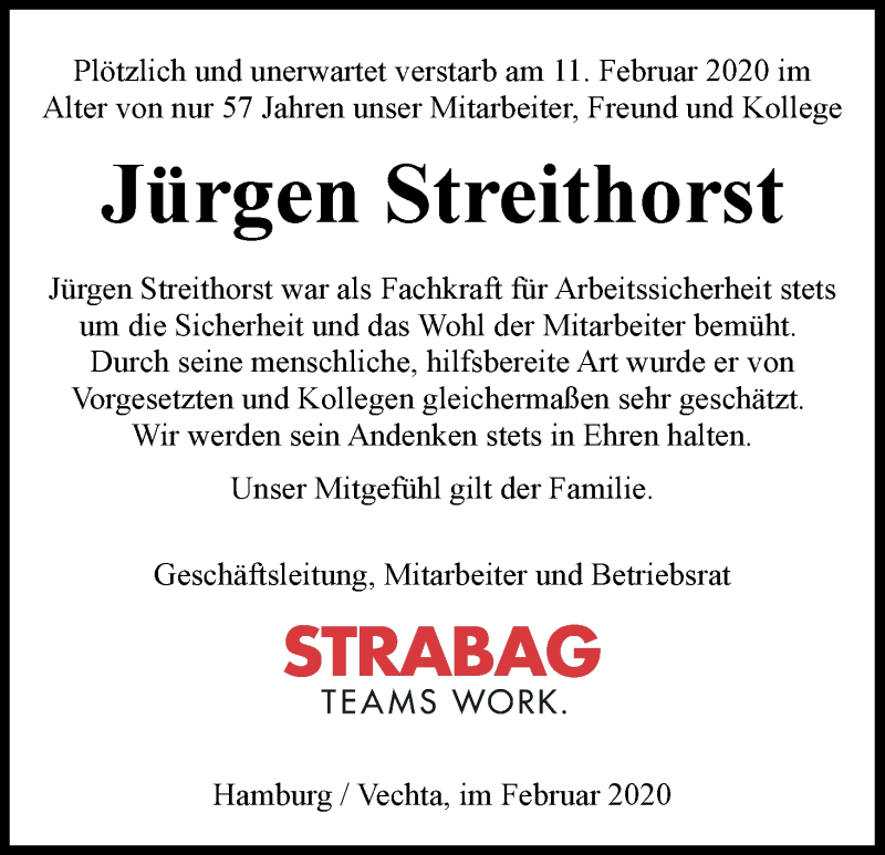 Traueranzeige von Jürgen Streithorst von WESER-KURIER