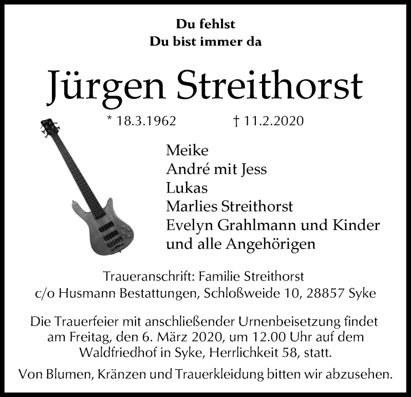 Traueranzeige von Jürgen Streithorst von WESER-KURIER
