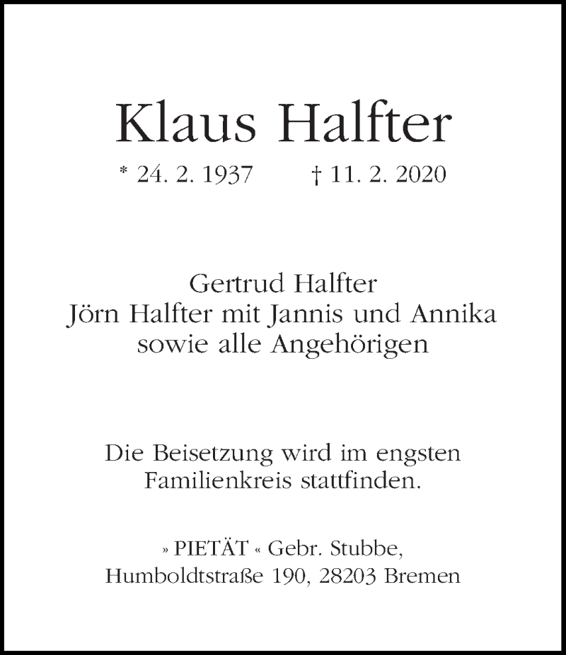Traueranzeige von Klaus Halfter von WESER-KURIER